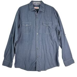 Michael Brandon Chambray Button Up Shirt Roll Tab Sleeves Blue L